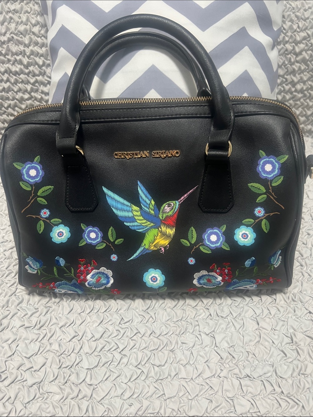 Christian Siriano Black Satchel with Multicolor Hummingbird & Floral Embroidery - Picture 2 of 4